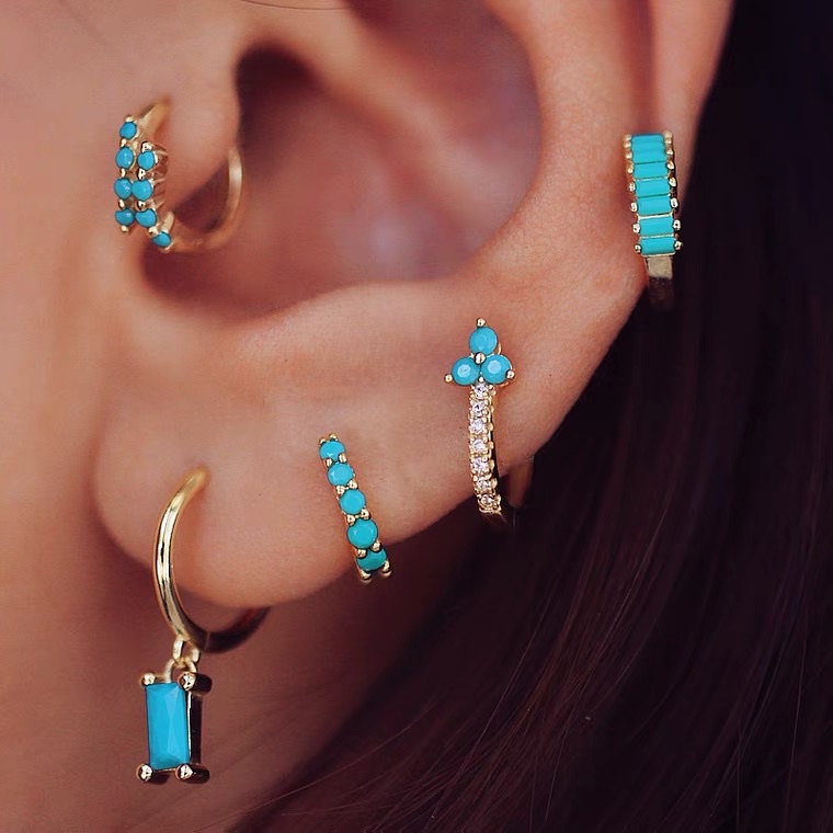 Lake blue 5-piece set, retro and unique long, super sparkling zircon, ethnic style, versatile, tassel, seven-color earrings, copper earrings, Yiwu zircon details Picture
