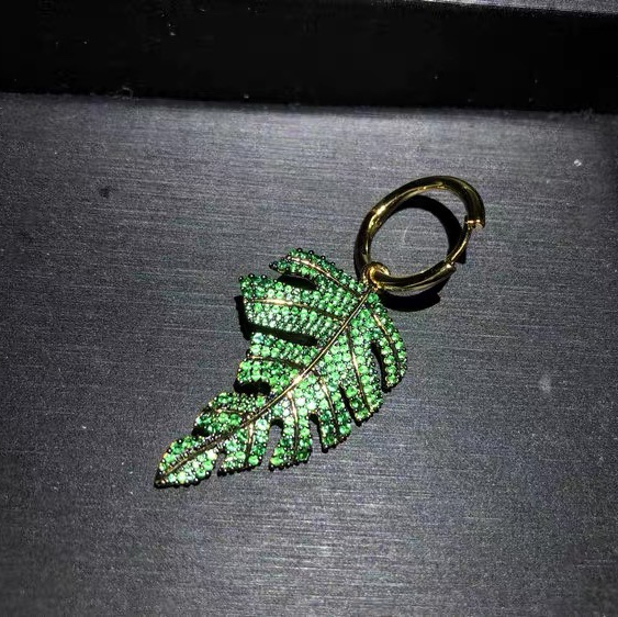 Green leaf ear buckles, retro and unique, long super sparkling zircon, ethnic style, versatile, tassel, seven-color earrings, copper earrings, Yiwu zircon