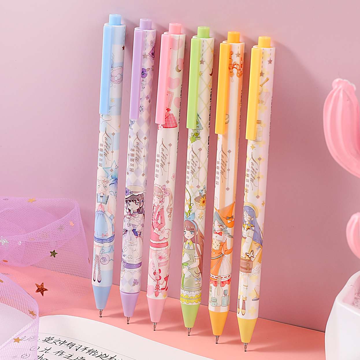 善知展示插盒装S709-72洛丽塔花园按动笔 学生考试用笔 商务办公用笔白底实物图