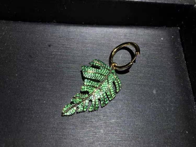 Green leaf ear buckles, retro and unique, long super sparkling zircon, ethnic style, versatile, tassel, seven-color earrings, copper earrings, Yiwu zircon details Picture