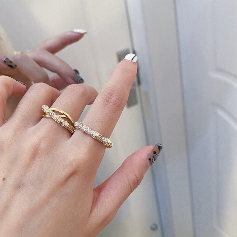 Yuzhu -053 French Niche Design, high-end, gold-plated zircon slightly inlaid with bamboo joints, simple and elegant, light luxury and individual ring