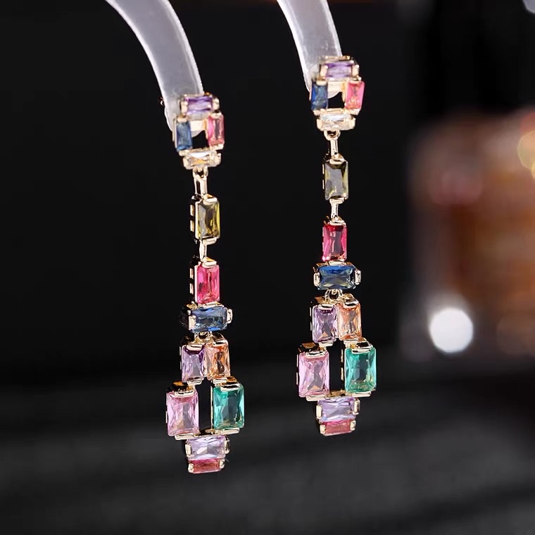 Colorful bead earrings, retro and unique, long super flash zircon, ethnic style, versatile, tassel seven-color earrings, copper earrings, Yiwu zircon details Picture