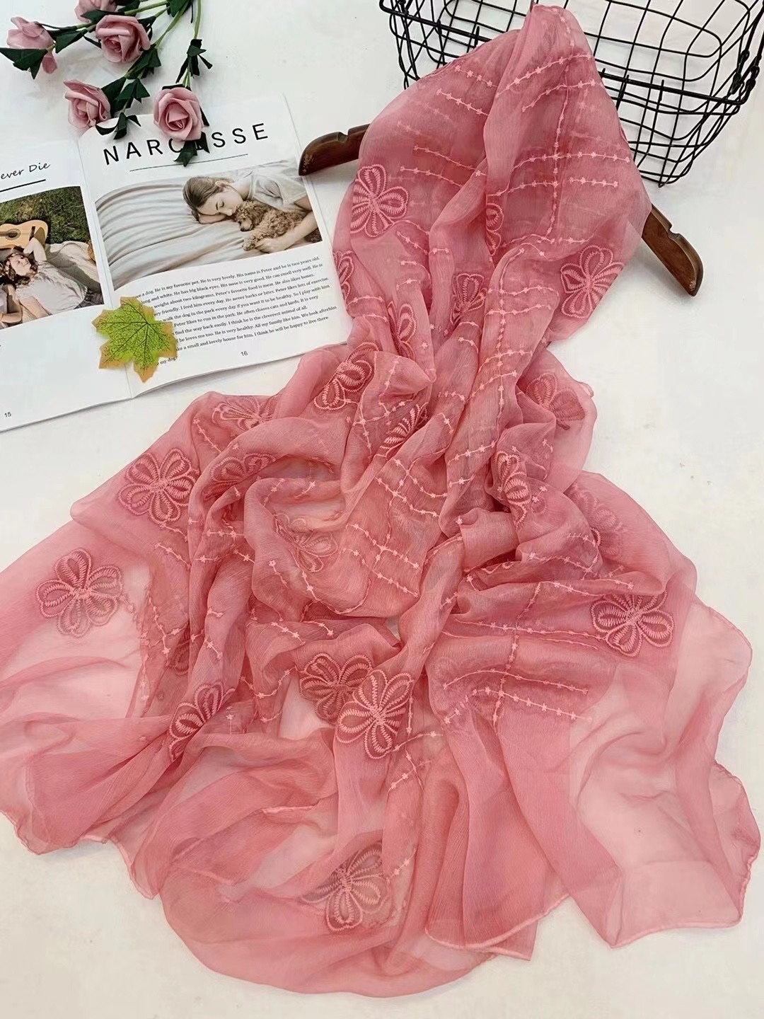 Pure Silk Embroidered Scarf details Picture
