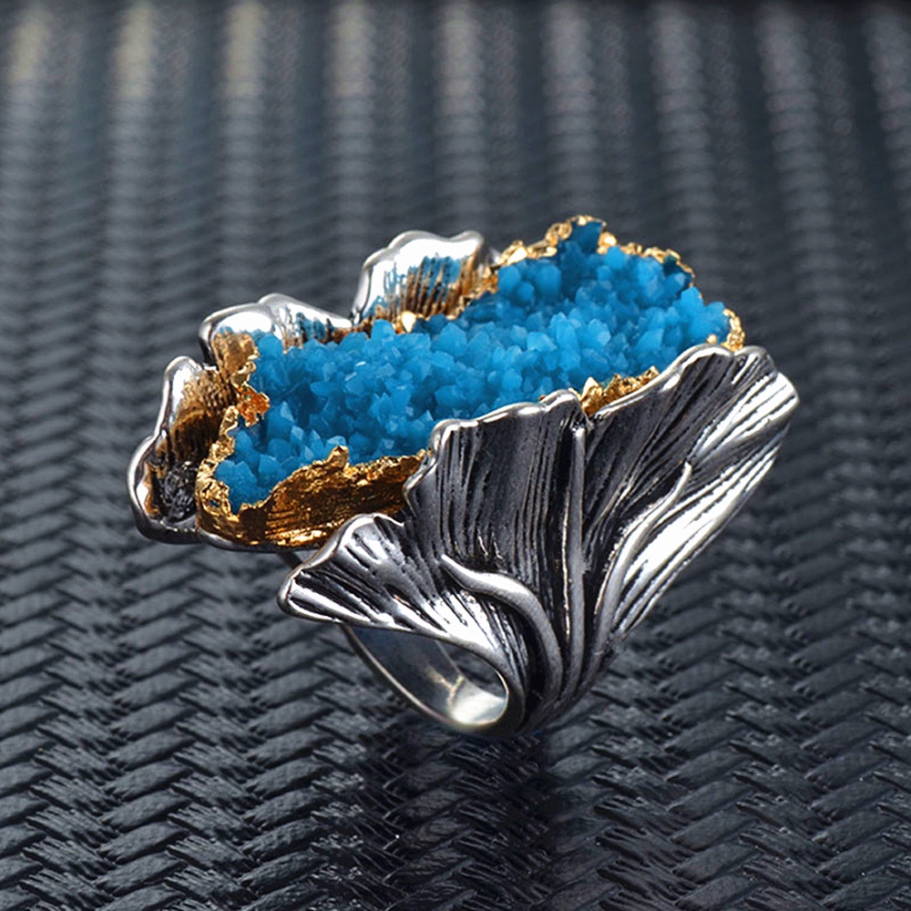 欧美创意新款银杏叶戒指 复古双色包金石水晶戒指女