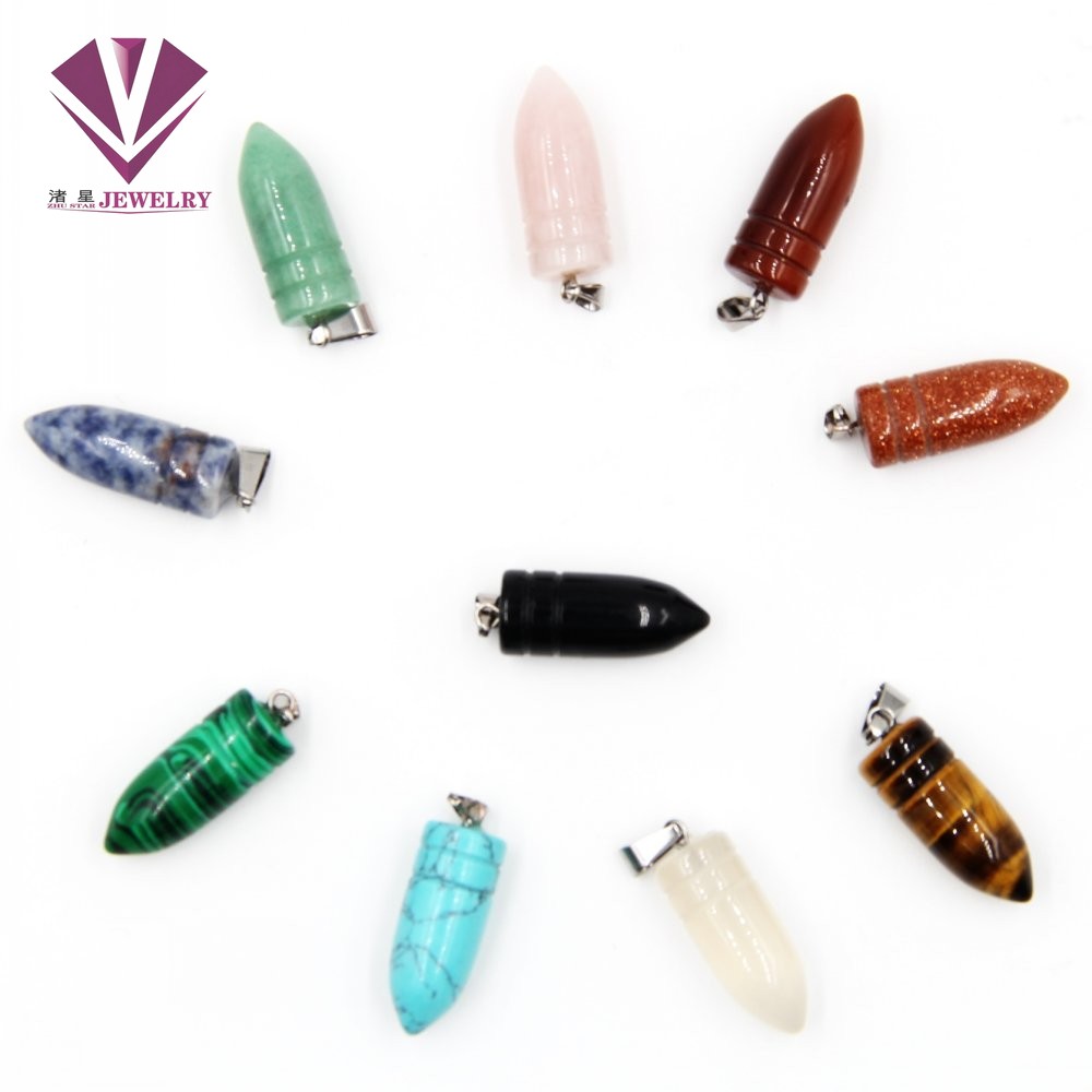 Natural stone bullet shaped pendant, pink stone, lapis lazuli, blue grain, white marble, turquoise, amethyst, agate, green east edge jade thumbnail