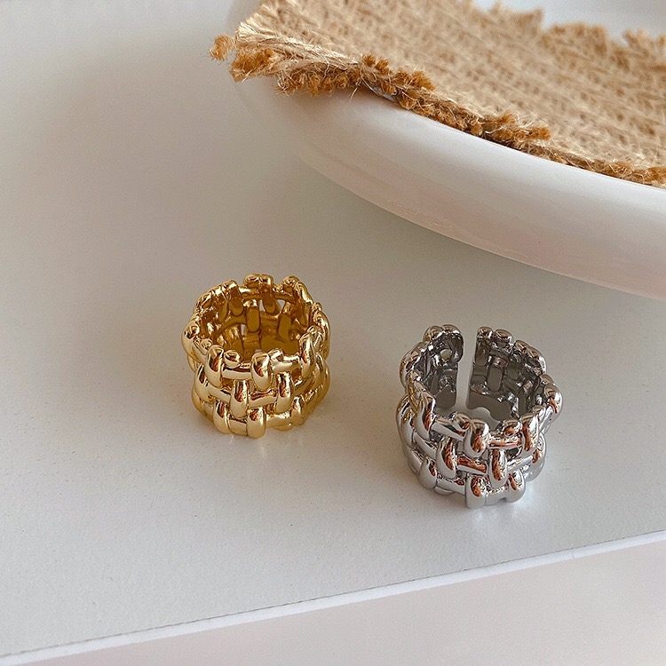 Yuzhu -033 Cold and elegant style, niche design sense, thick gold color retention metal woven, ins versatile open ring, index finger ring Item Picture