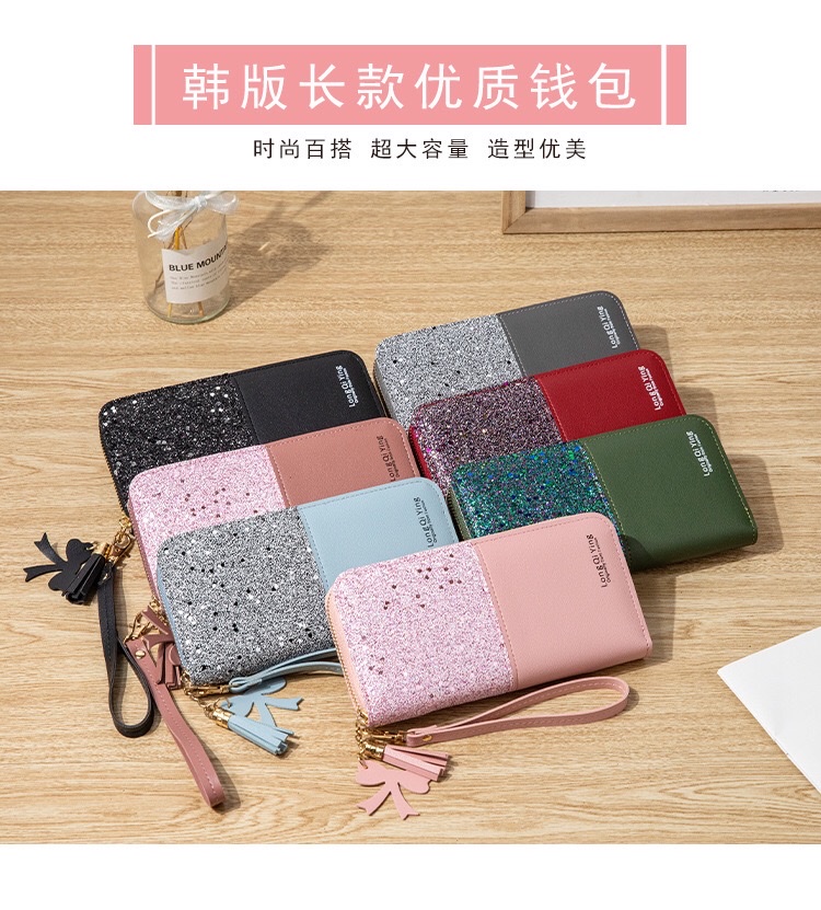 新款钱包长款女士拉链钱夹女学生韩版拼接撞色流苏百搭卡包手机包 2021详情图9