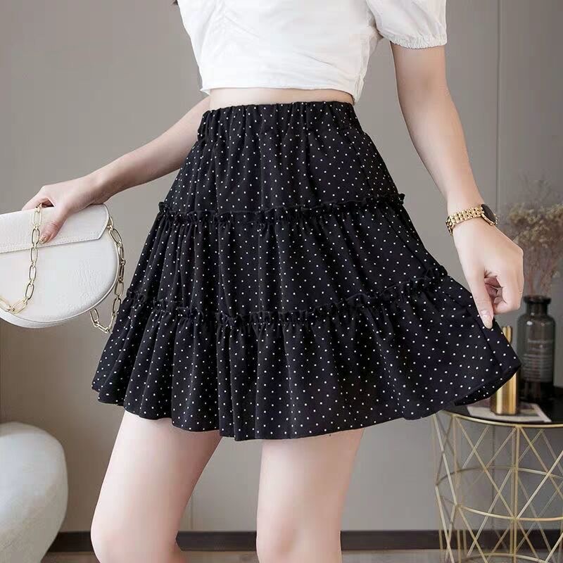 Chiffon short skirt for women to prevent exposure, high-waisted dot cake skirt, ruffled half skirt for summer 352