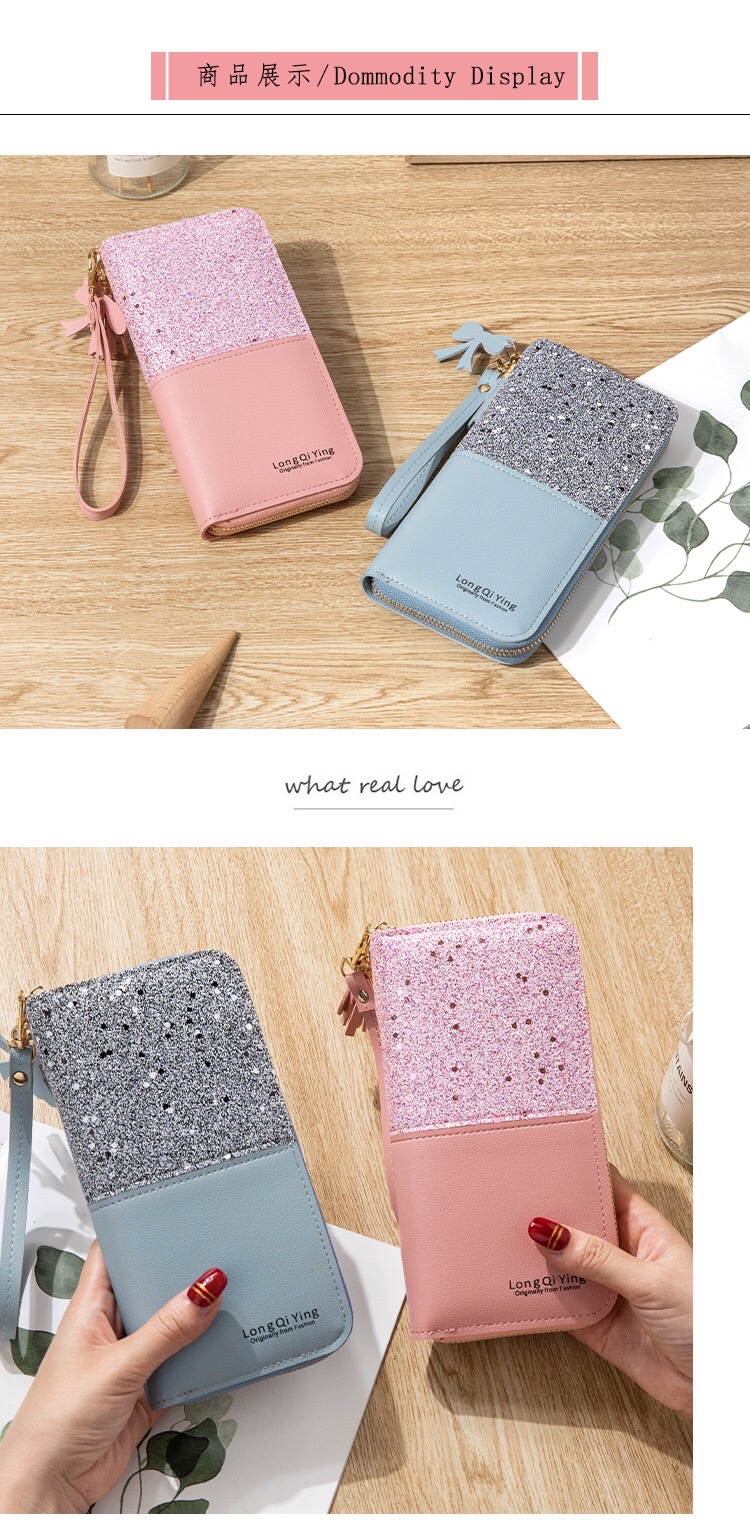 新款钱包长款女士拉链钱夹女学生韩版拼接撞色流苏百搭卡包手机包 2021详情图7