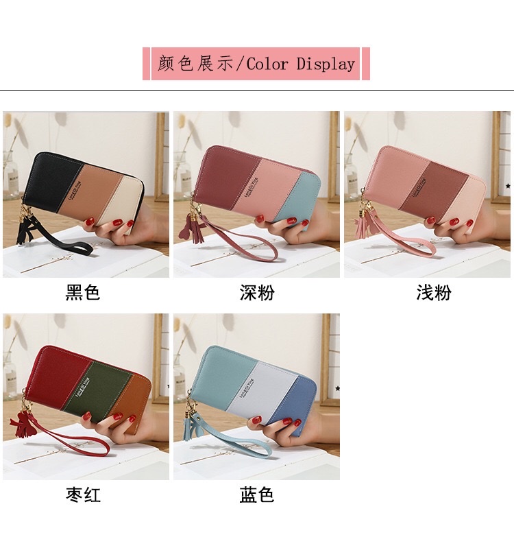 新款钱包长款女士拉链钱夹女学生韩版拼接撞色流苏百搭手拿手机包详情图3