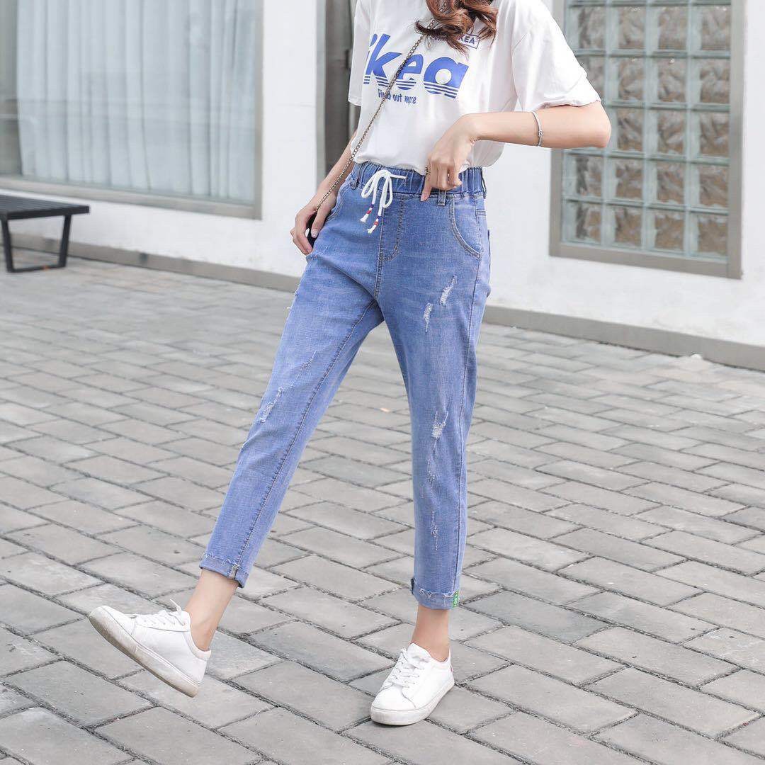 Tight-waisted 9-inch jeans for women, high-waisted loose plus-size casual slimming elastic Harem pants 2