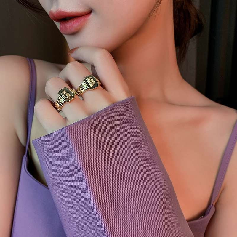 Yuzhu -013 Taran Letter BG Ring, a women's light luxury and niche design, wide band index finger ring, Korean style fashionable and high-end ring Item Picture