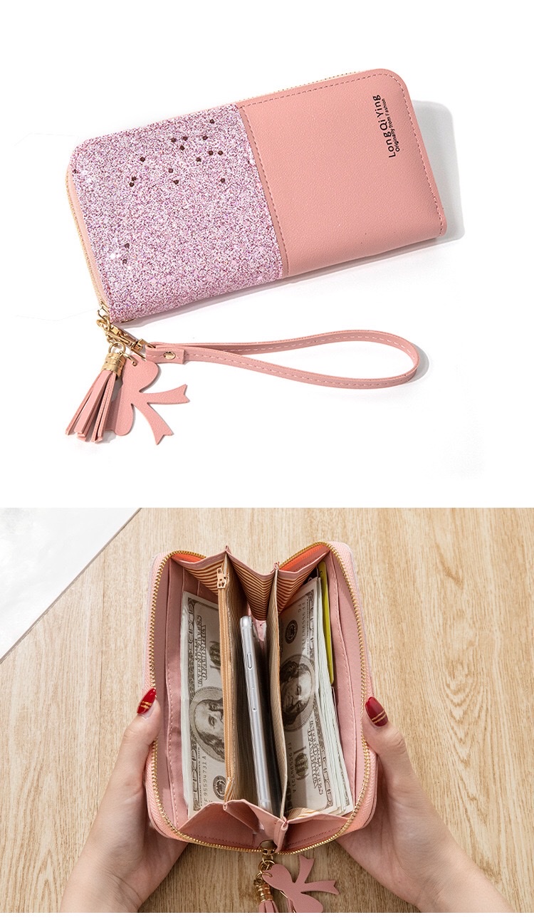 新款钱包长款女士拉链钱夹女学生韩版拼接撞色流苏百搭卡包手机包 2021详情图4