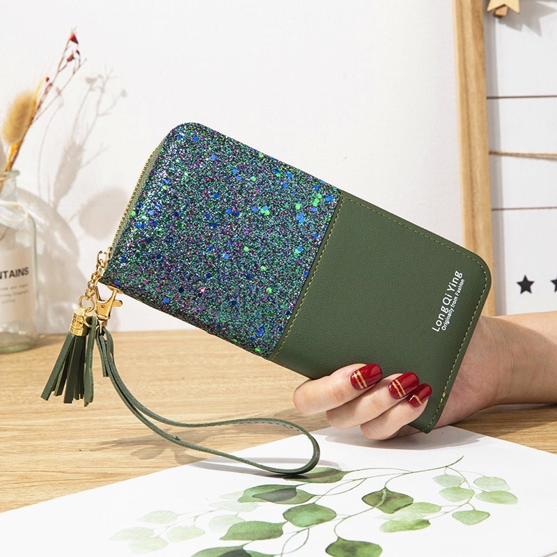 新款钱包长款女士拉链钱夹女学生韩版拼接撞色流苏百搭卡包手机包 2021白底实物图