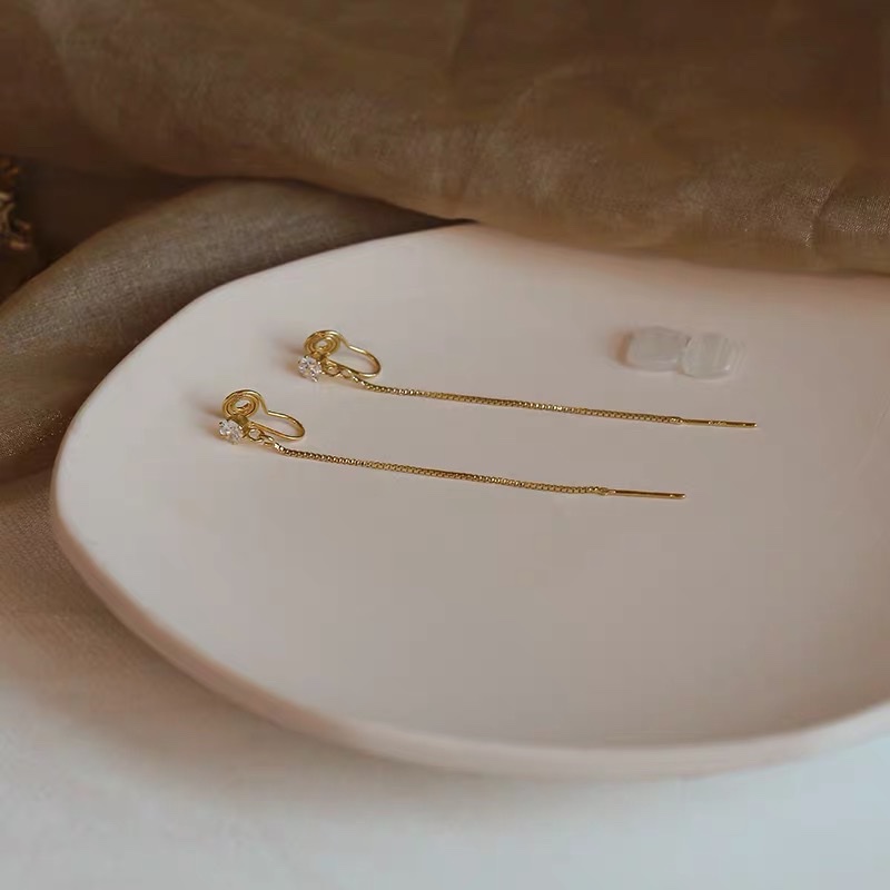 Long tassel earrings, clip style, Korean feminine earrings and pendants, no ear holes detail image 1