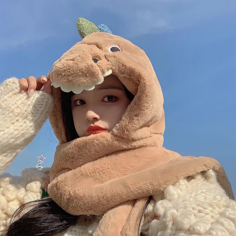 冬季保暖帽子女可爱小恐龙三件一体帽子围巾手套网红护耳帽三合一