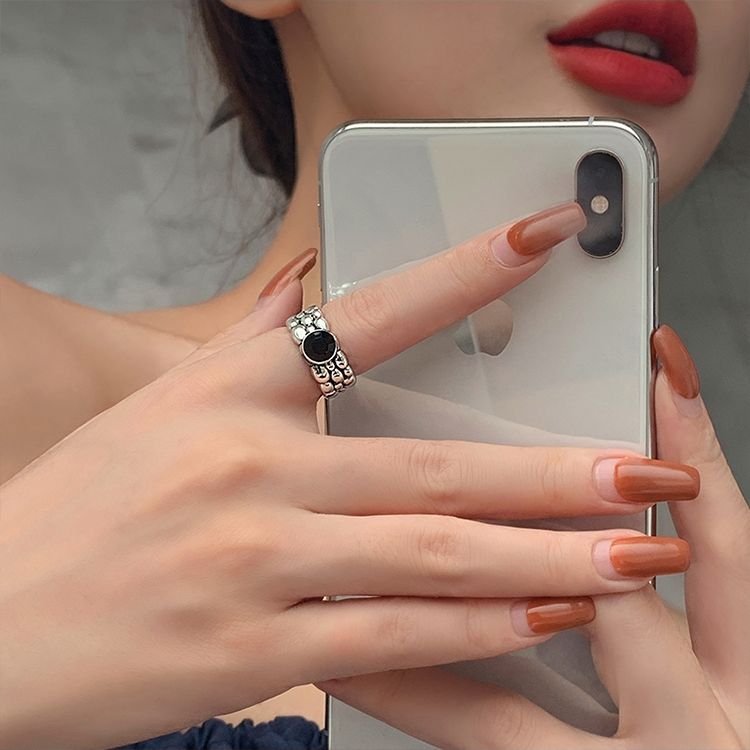 Jade Bead -019 Snake Pattern Retro Vintage Ring, Women's fashionable and individual Open ring, Cold Style Black Zircon ring, ins Trendy index finger ring