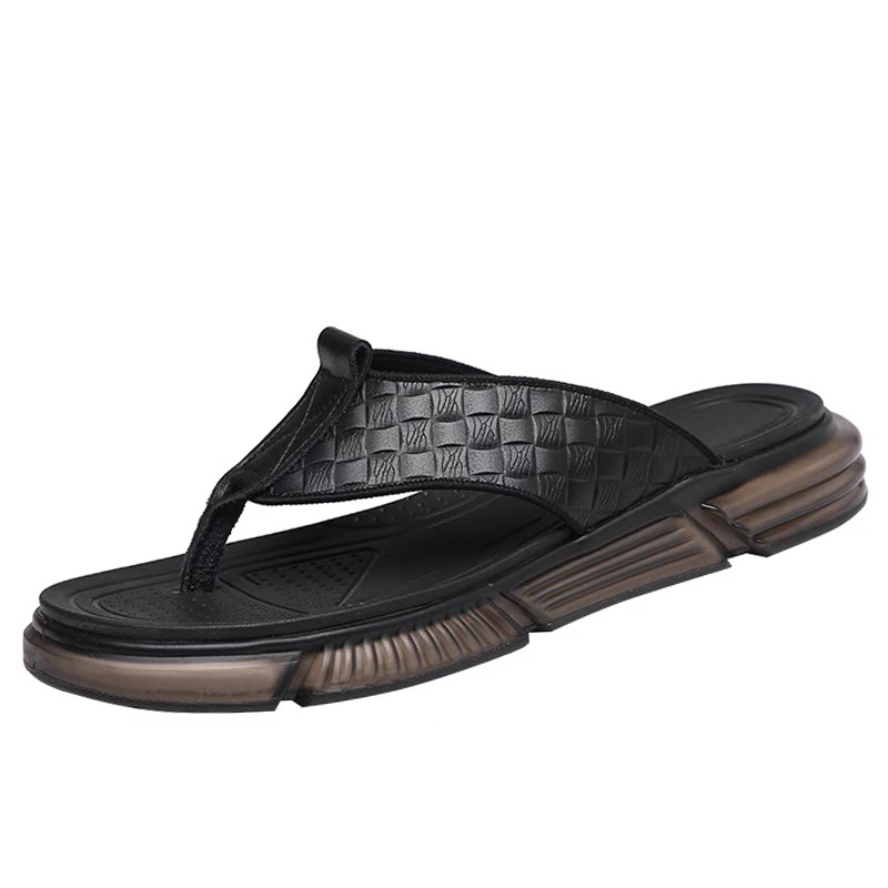 夏季最新款气垫底格纹皮质柔软舒适休闲男士沙滩拖鞋