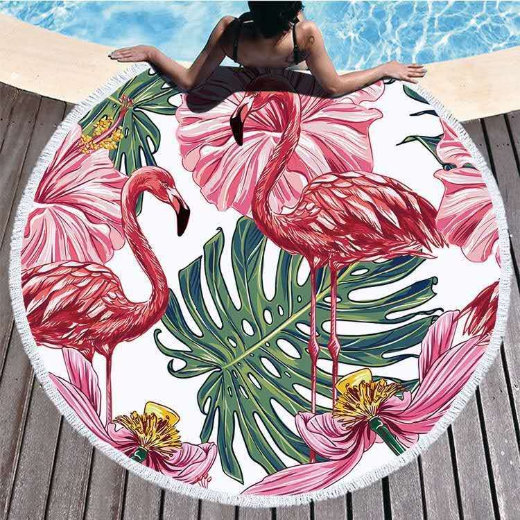 The round beach towel strap must feature a superfine fiber printed pattern, measuring 150*150cm by the seaside. Customized customer patterns are available Specification image
