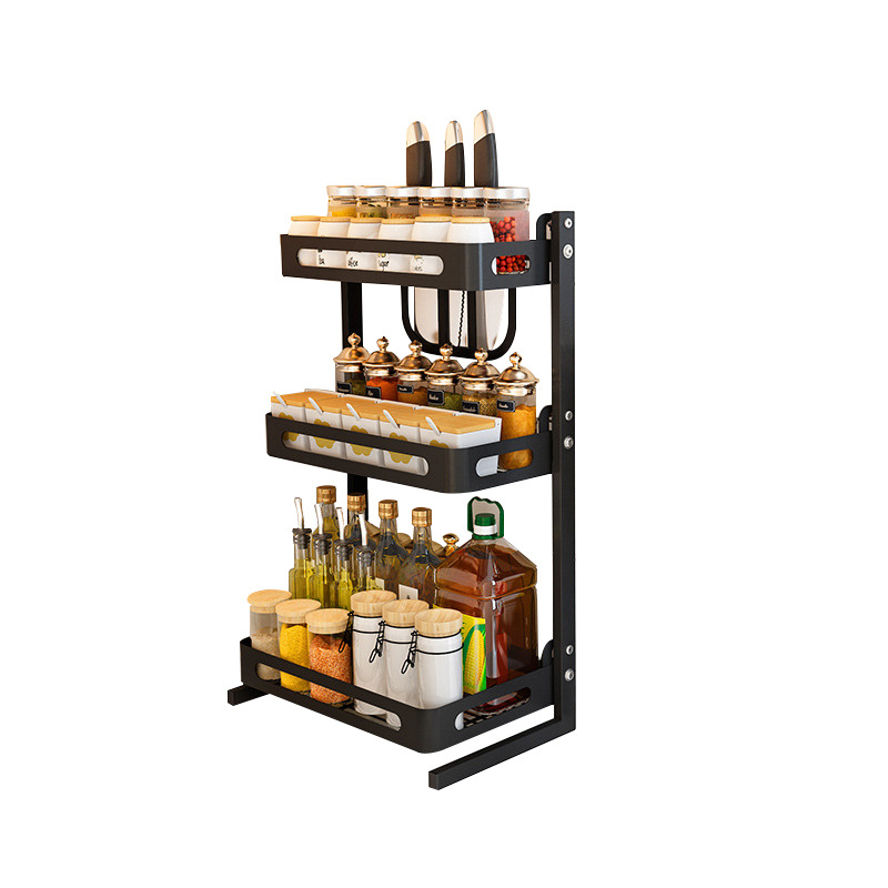 Stainless Steel Kitchen Storage Rack Black Paint Countertop Multi-Layer Seasoning Rack Kitchen Storage Oil Salt Sauce Vinegar Knife Rack undefined