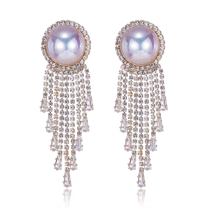 High touch exaggerated earrings Korean style color diamond fringe long earrings wedding pearls with accessories thumbnail