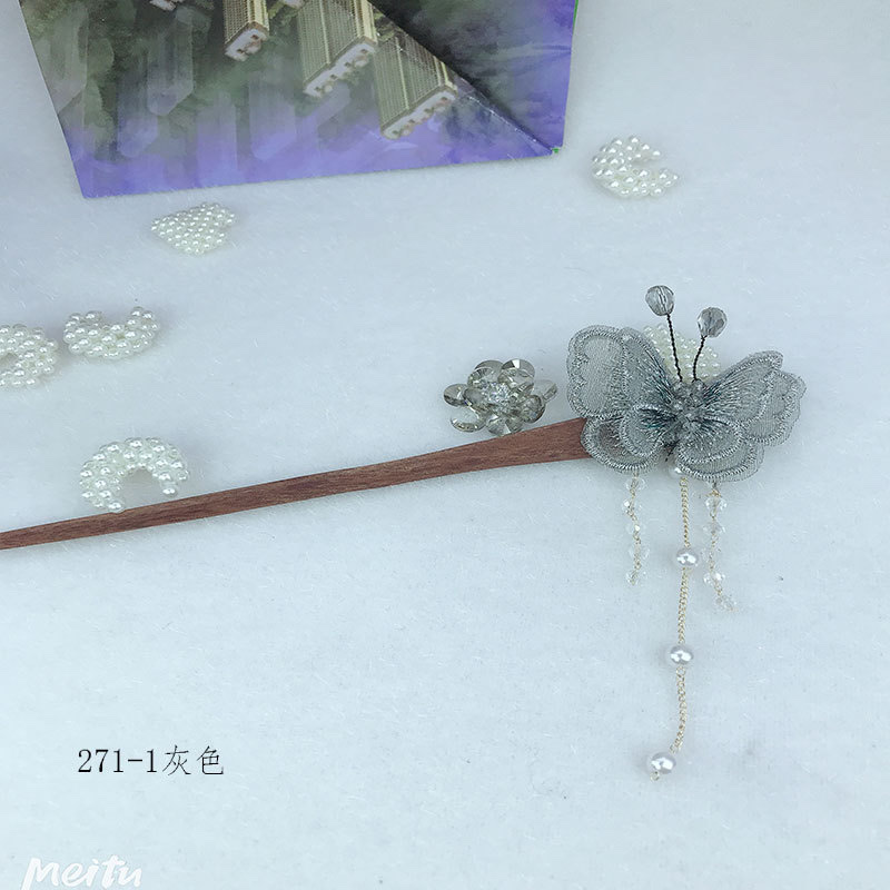 Embroidered butterfly fashion imitation crystal fabric headwear and hair accessories, ethnic style retro stepping tassel, rosewood hairpins and pendants details Picture