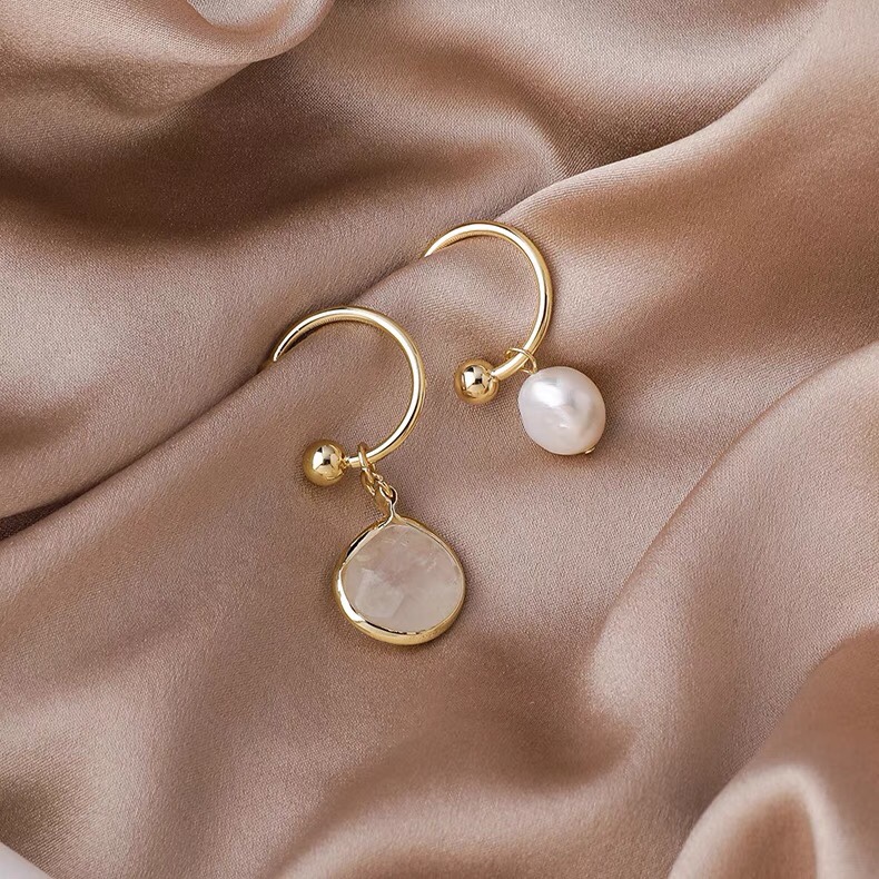 Niche design asymmetrical long cold wind natural stone shell pearl earrings