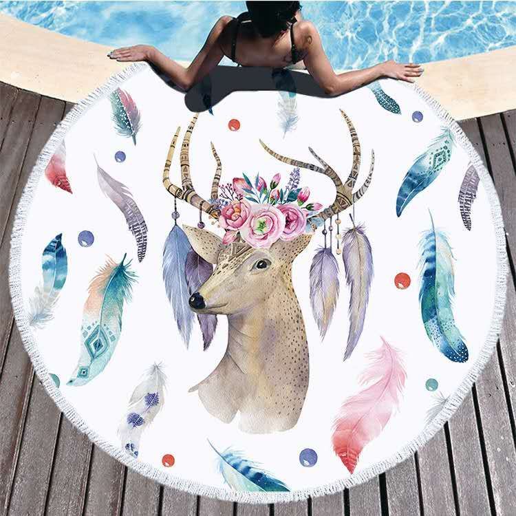The round beach towel strap must feature a superfine fiber printed pattern, measuring 150*150cm by the seaside. Customized customer patterns are available