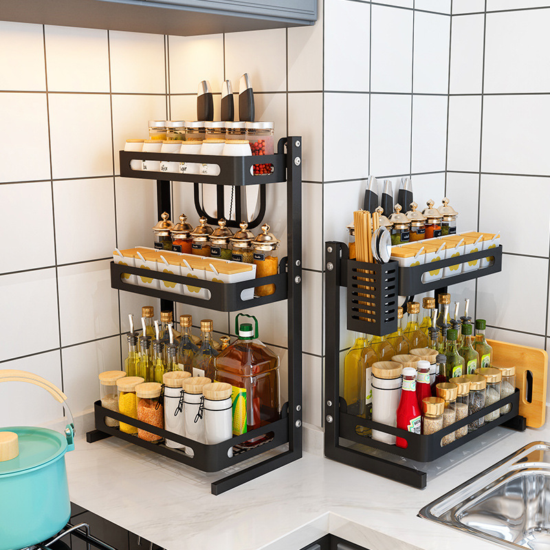 Stainless Steel Kitchen Storage Rack Black Paint Countertop Multi-Layer Seasoning Rack Kitchen Storage Oil Salt Sauce Vinegar Knife Rack undefined