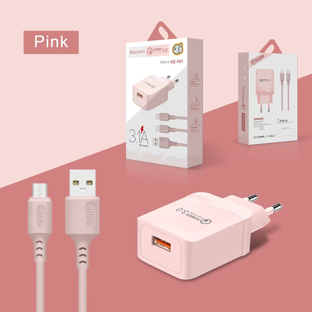 新款马卡龙USB1A2A套装旅行充电器适用安卓手机充电器