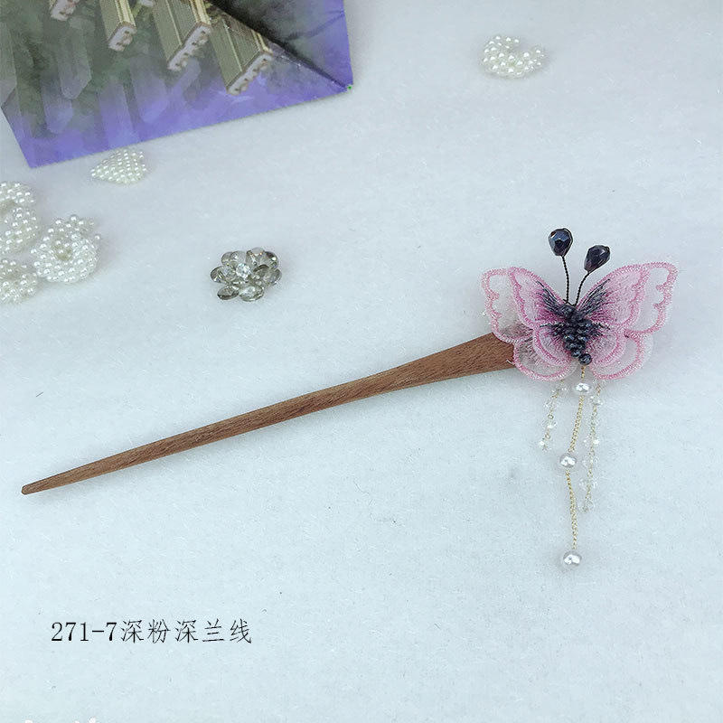 Embroidered butterfly fashion imitation crystal fabric headwear and hair accessories, ethnic style retro stepping tassel, rosewood hairpins and pendants Item Picture