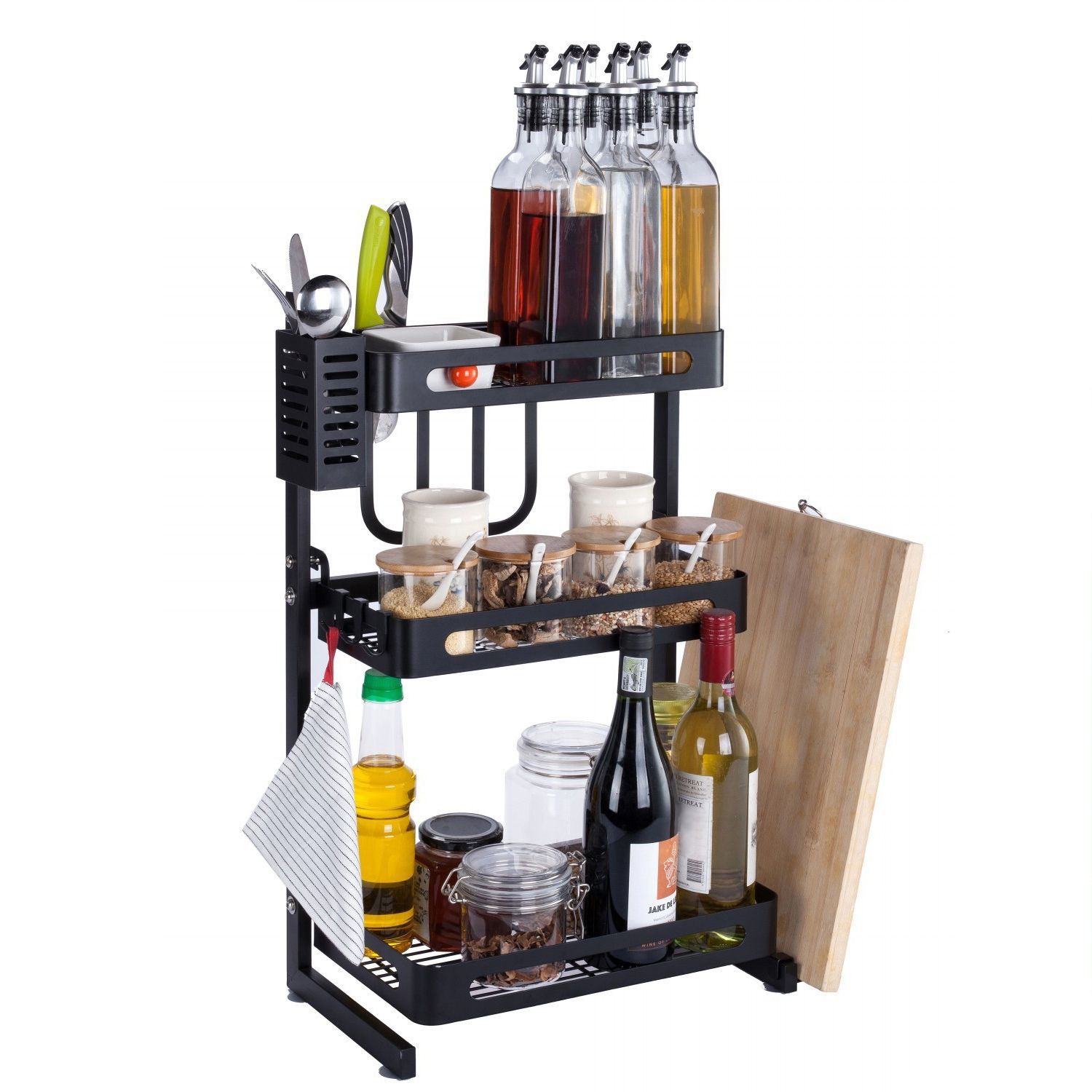 Stainless Steel Kitchen Storage Rack Black Paint Countertop Multi-Layer Seasoning Rack Kitchen Storage Oil Salt Sauce Vinegar Knife Rack