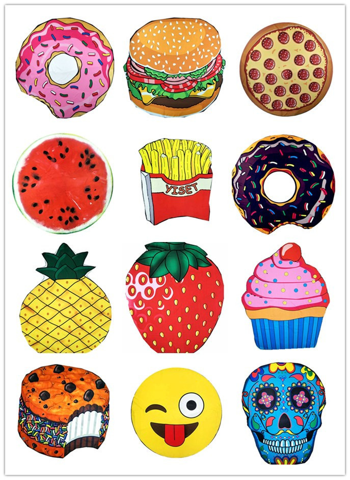 Beach towels, polyester round towels, irregular creative shapes, bath towels for export to Europe and America, customizable 150*150cm, pizza, hamburger, watermelon Item Picture
