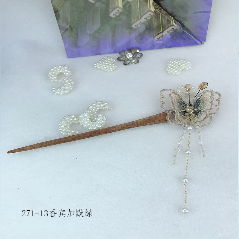 Embroidered butterfly fashion imitation crystal fabric headwear and hair accessories, ethnic style retro stepping tassel, rosewood hairpins and pendants Specification image