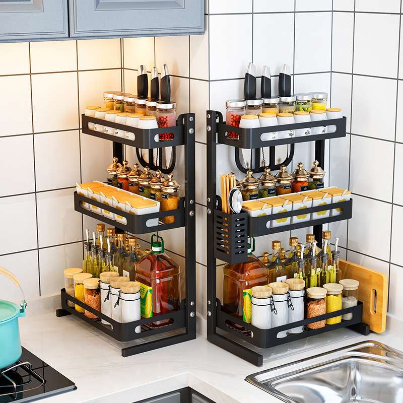 Stainless Steel Kitchen Storage Rack Black Paint Countertop Multi-Layer Seasoning Rack Kitchen Storage Oil Salt Sauce Vinegar Knife Rack undefined