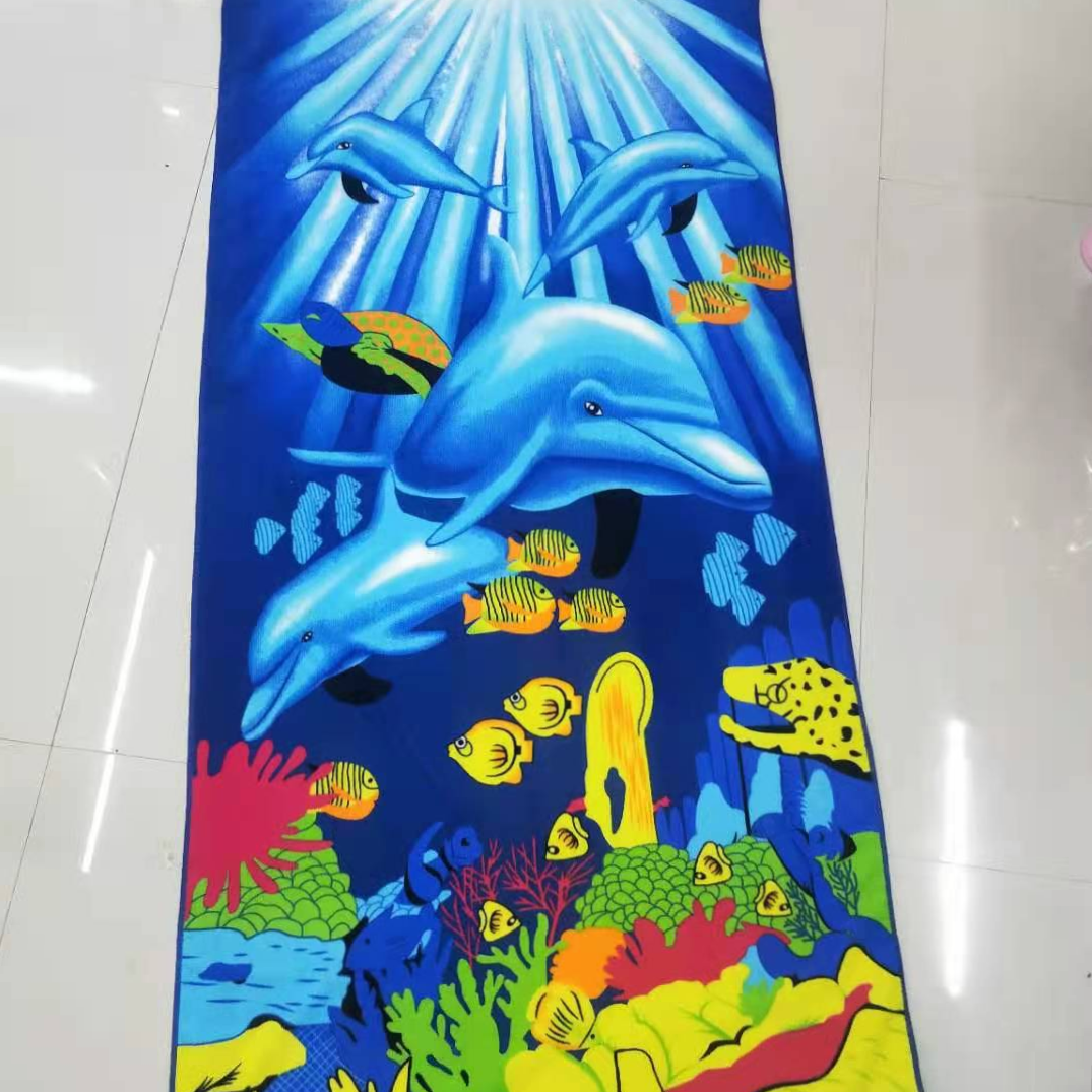 Beach towel with ultra-fine fiber printed pattern, 70*140cm by the seaside, customizable customer pattern 230gsm reactive printed bath towel