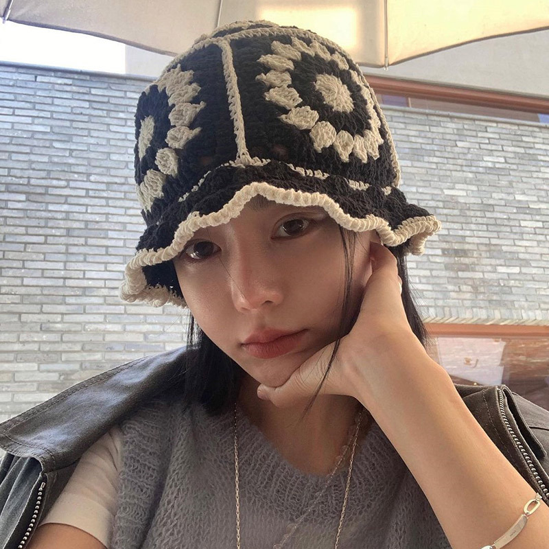 韩国明星同款帽子针织帽花朵遮阳拼接渔夫帽手工钩织镂帽 htfboysay吗细节图