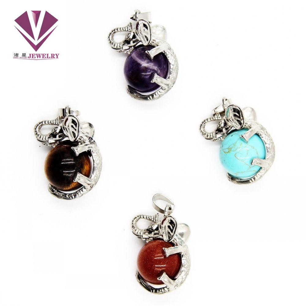 Natural stone elephant pendant with bauble, pink stone, violet stone, turquoise agate stone, lapis lazuli, blue sand stone, gold sand stone, red stone, seven color stone thumbnail