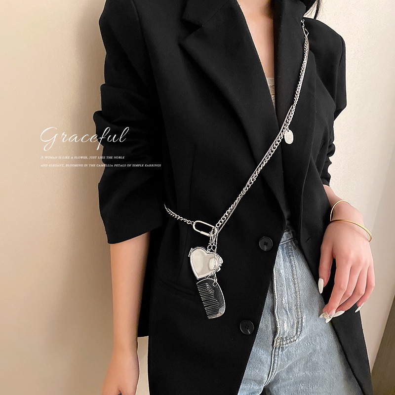 Multi-functional stacked comb, mirror pendant, necklace, long sweater chain, body chain, decorative chain, heart-shaped diagonal cross chain