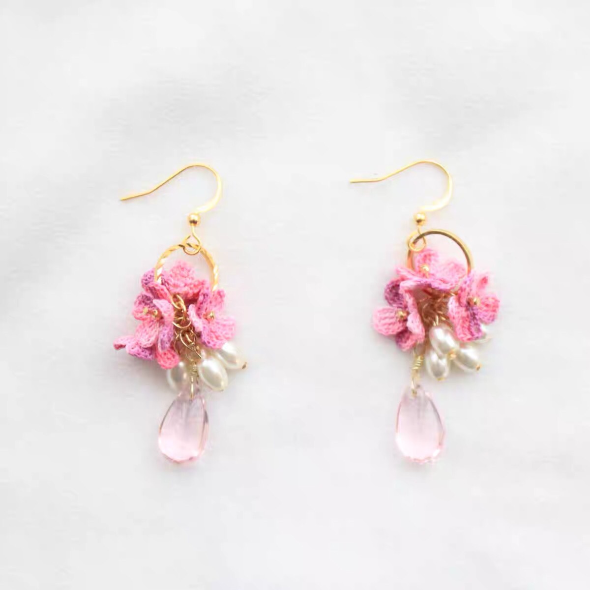 Exquisite wool crochet hanging pearl crystal medium long flower earrings thumbnail