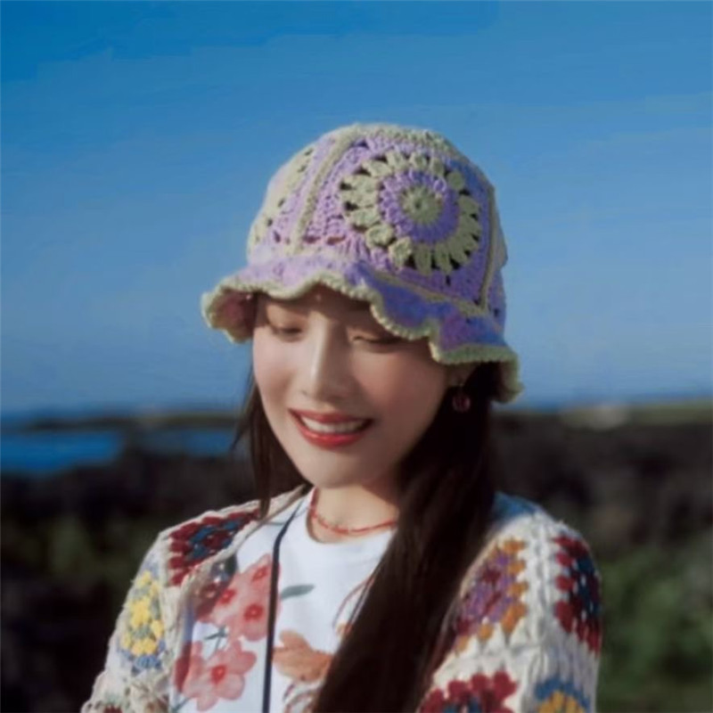 韩国明星同款帽子针织帽花朵遮阳拼接渔夫帽手工钩织镂帽 htfboyshit4
