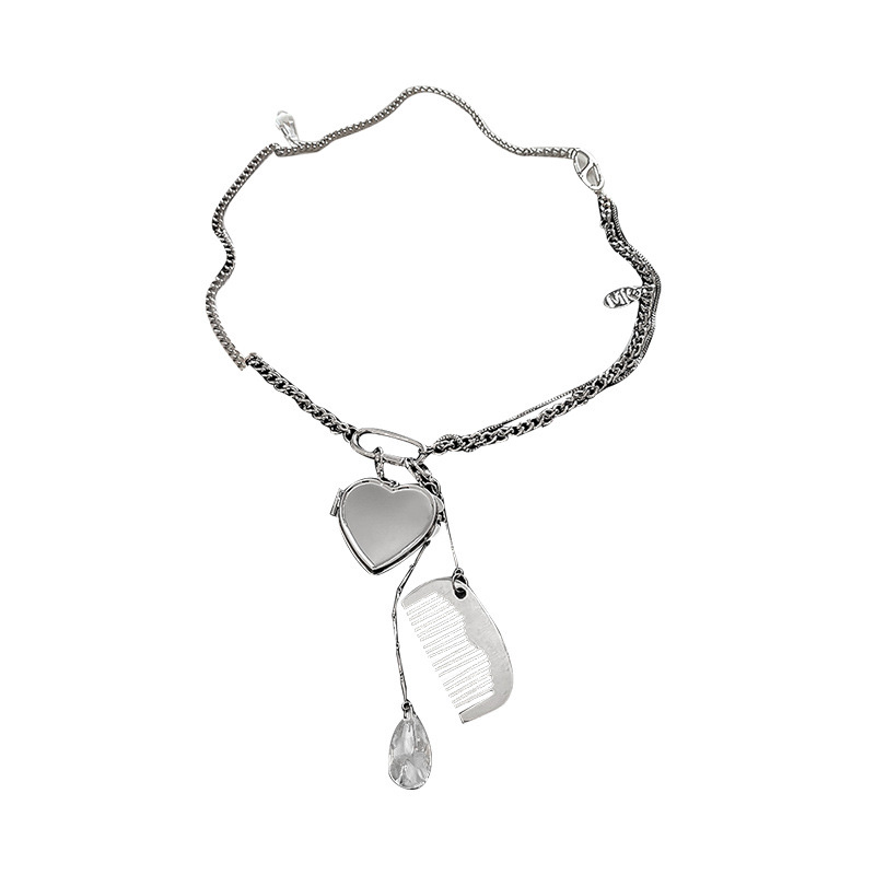 Multi-functional stacked comb, mirror pendant, necklace, long sweater chain, body chain, decorative chain, heart-shaped diagonal cross chain Item Picture
