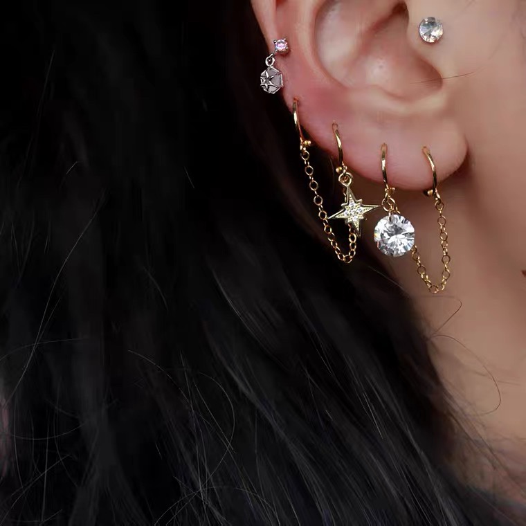 Four sets of earrings 66 retro personality long superflash zircon ethnic wind multi-tassel colorful earrings Copper earrings Yiwu Zircon