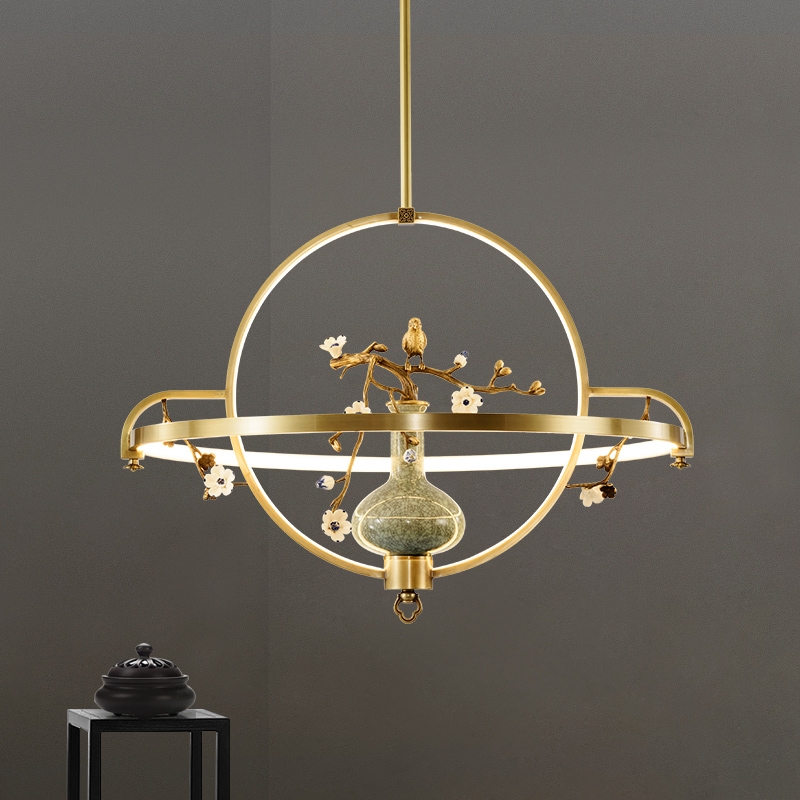 All-copper light luxury chandelier, new Chinese-style entrance tea room, Zen-inspired ceramic lamps, round and simple plum blossom dining room lighting fixtures