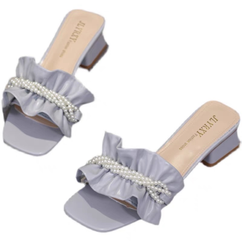 One-piece flip-flops for women's summer outerwear in 2021, a popular high-heeled pearl bestseller, super hot mid-heeled chunky sandals Specification image