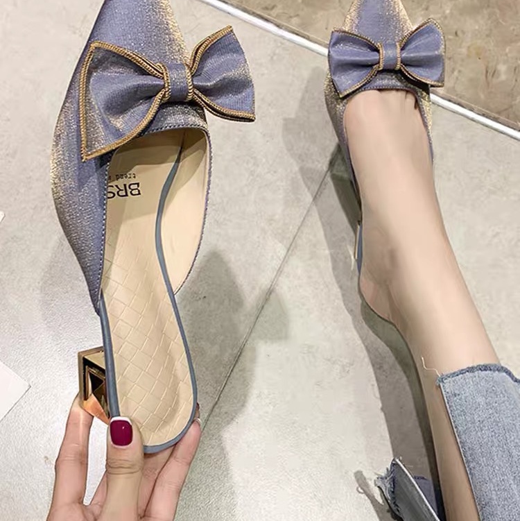 The 2021 summer new style of Baotou flip-flops for women are fashionable outerwear with medium heels, high heels, thick heels, bows and pointed tips