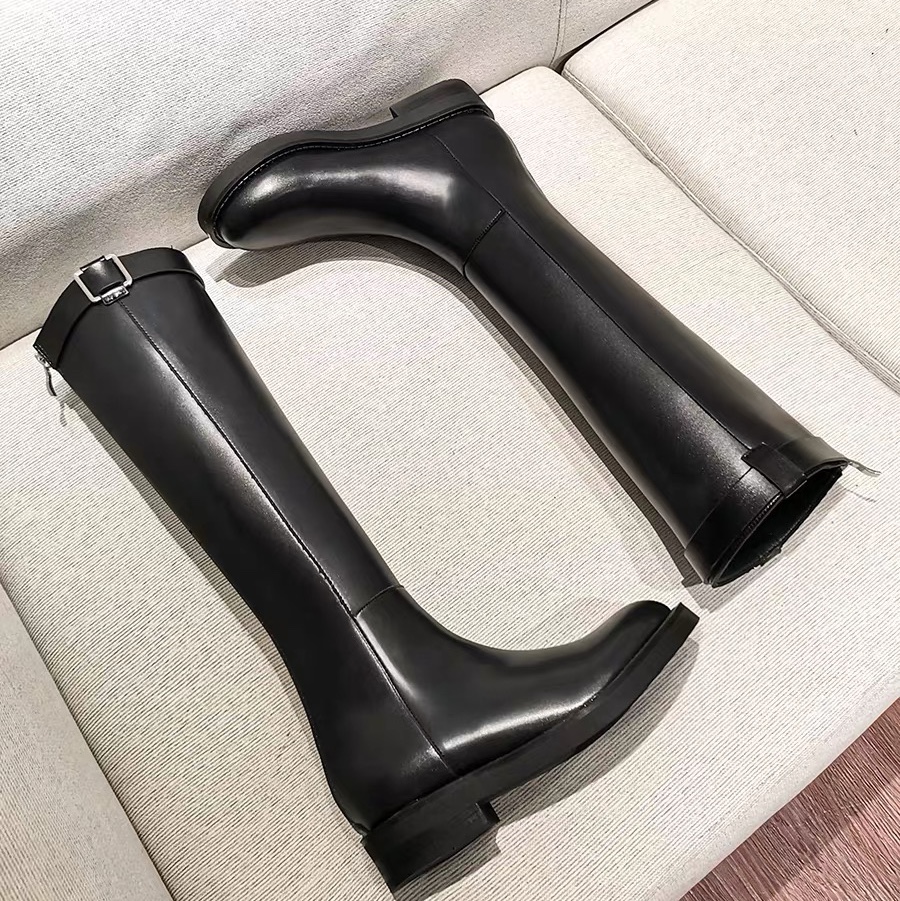 Genuine leather knight boots, belt buckle long boots, flat high boots, women's slimming boots, knee-length long boots