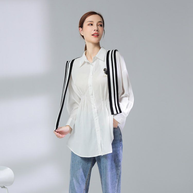 Jimmy Seo brand women's shirt, mid-length for women, waist-cinching and petite, with a unique design, cardigan, single-breasted polo collar Specification image