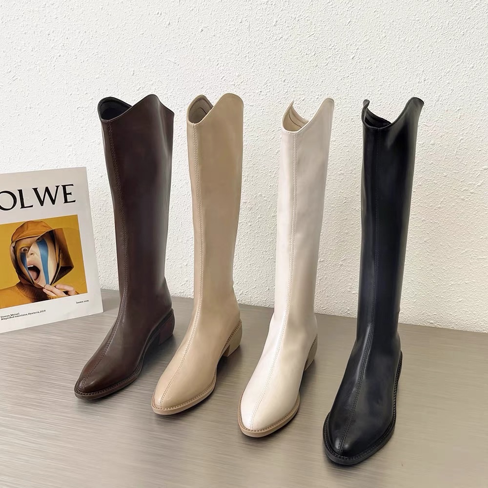 Long boots for women's riders 2021 Spring and Autumn new style white pointed long boots with thick heels and high boots details Picture