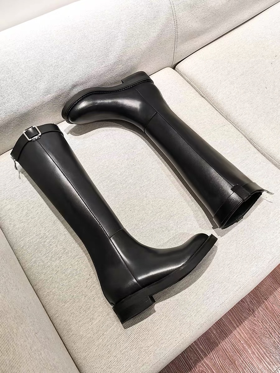 Genuine leather knight boots, belt buckle long boots, flat high boots, women's slimming boots, knee-length long boots Application Scenario